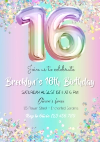 balloon 16th birthday invitation, Balloons 16 A6 template