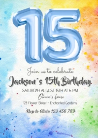 balloon blue 15th birthday invitation A6 template