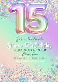 balloon glitter 15th birthday invitation A6 template