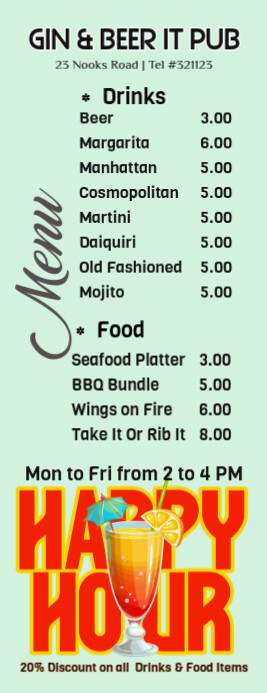 Bar & Restaurant Menu LIght Green Half Page Letter template