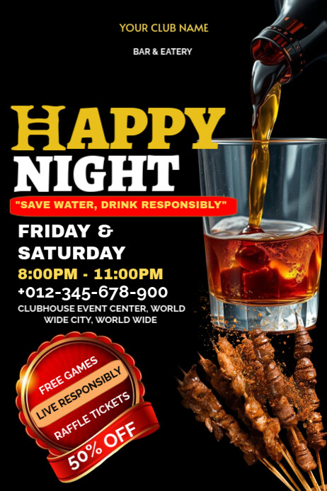 Bar celebration, night out, live DJ, raffle draws, drink responsibly. 海报 template