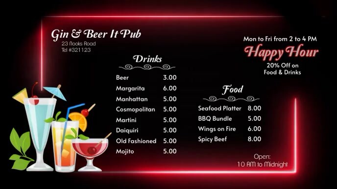 Bar menu & Happy Hour digital display 数字显示屏 (16:9) template