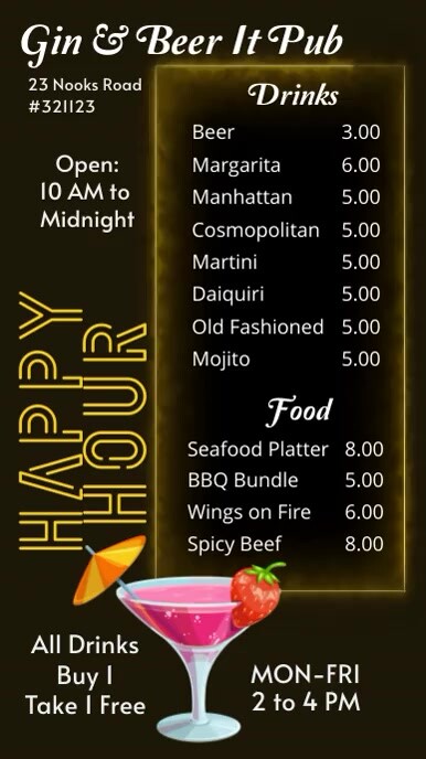 Bar menu & Happy Hour digital display template