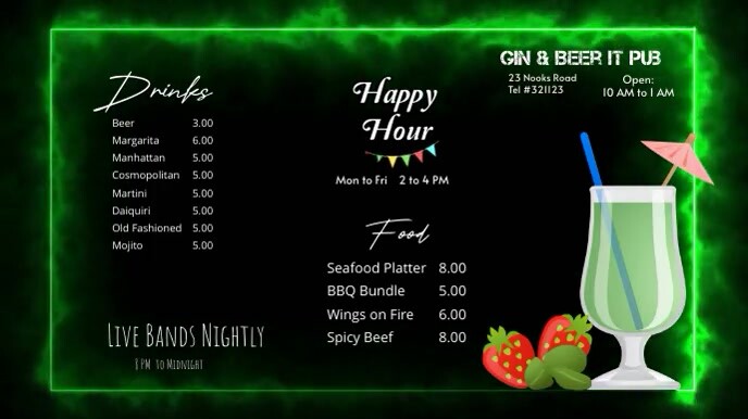Bar menu & Happy Hour digital display template