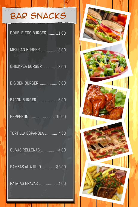 Bar Snacks Restaurant Flyer Poster Menu Template | PosterMyWall