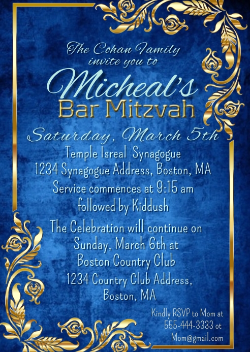 Plantilla De Bar Mitzvah Invitation Blue Gold Frame Postermywall Plantilla De Bar Mitzvah Invitation Blue Gold Frame Postermywall