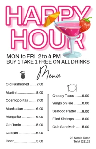 Bar or Pub Menu with Happy Hour Deals Tabloid template