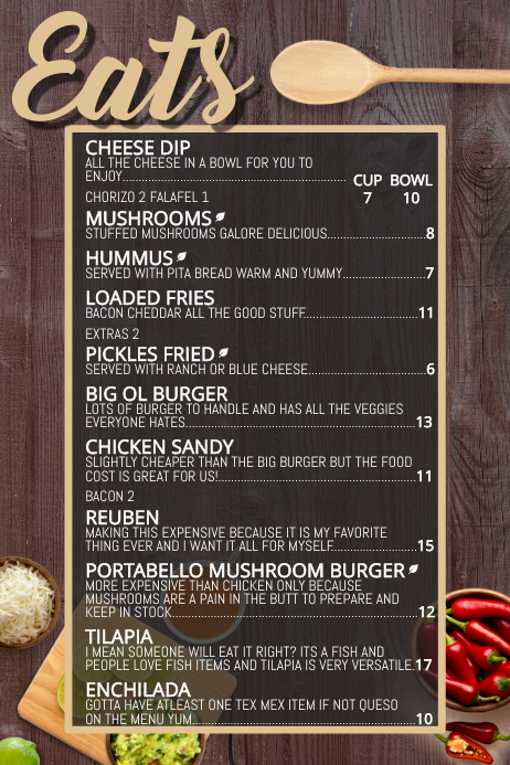 Copy of bar snacks restaurant food menu | PosterMyWall