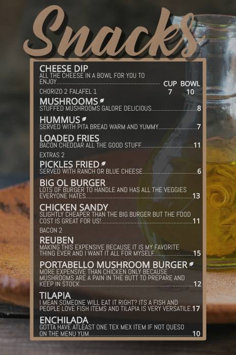 Copy of bar snacks restaurant food menu | PosterMyWall