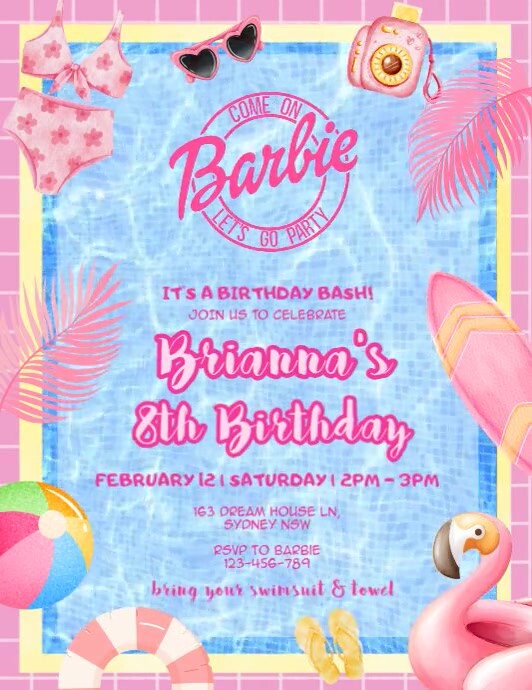 Barbie Pool Party Birthday Invitation Template PosterMyWall barbie-pool-party-birthday-invitation-template-postermywall