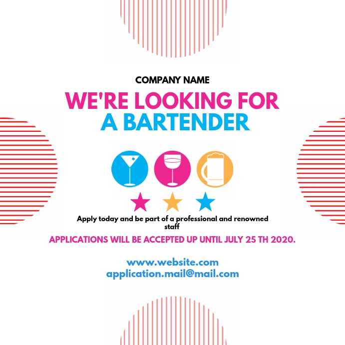 Bartender colorful hiring instagram post Template | PosterMyWall