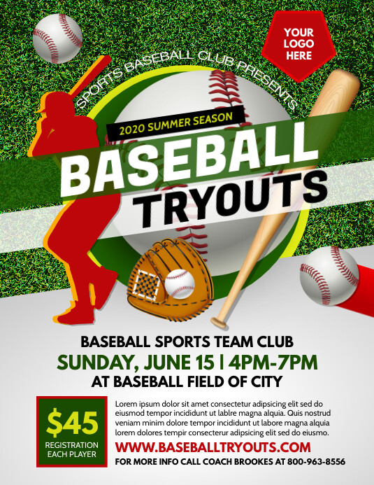 Green Baseball Tryouts Flyer Ulotka (US Letter) template