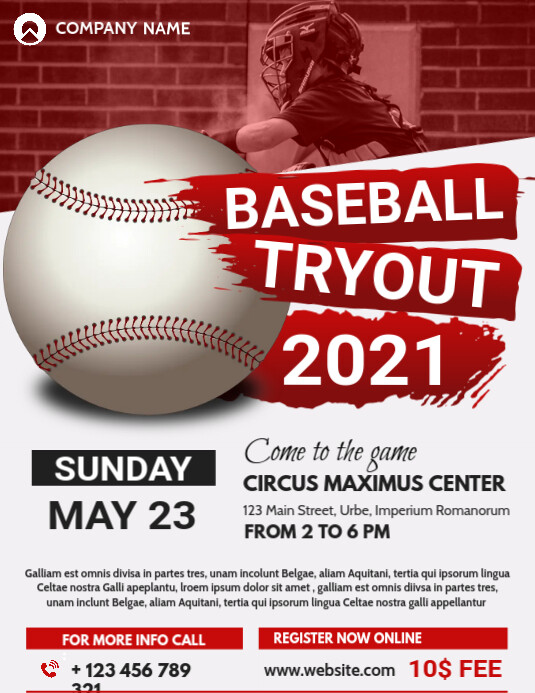 Red and White Baseball Tryouts Flyer Pamflet (Letter AS) template