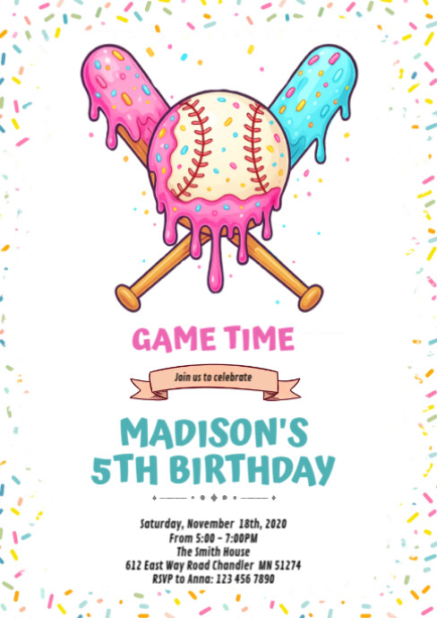 Baseball Ice Cream Drip Birthday Invitation A6 template