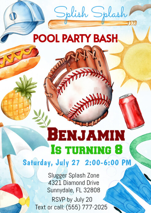 Baseball Pool Birthday Party Invitation Template | PosterMyWall