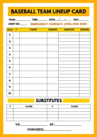 Baseball Team Lineup Card Template A4