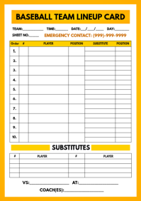 White Baseball Team Lineup A4 Template