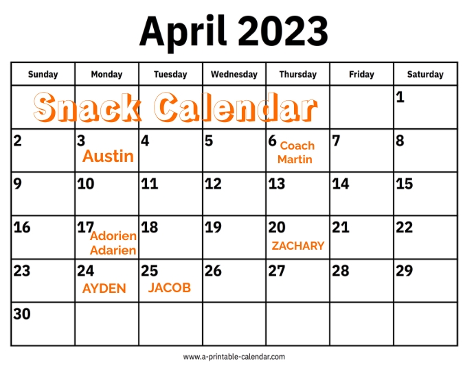 baseball team snack calendar Løbeseddel (US Letter) template