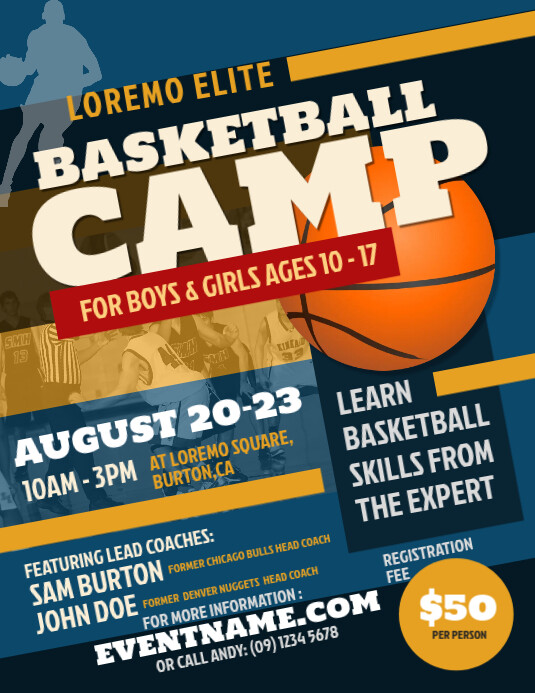 Blue and Yellow Basketball Camp Flyer template