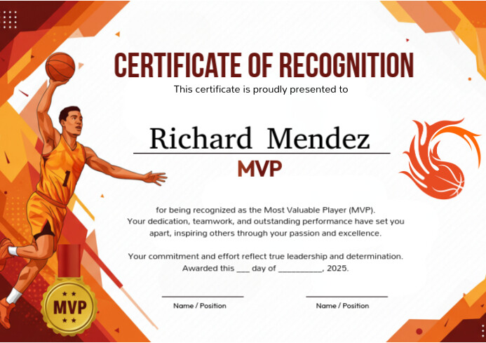 Basketball Completion Certificate A4 template