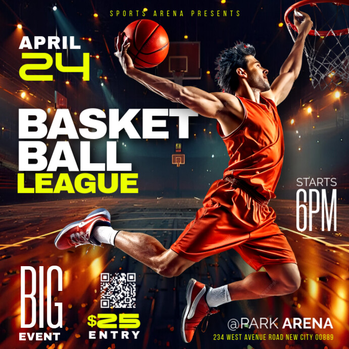 Basketball league championship tournament  livestream match schedule invitation flyer template Post Instagram