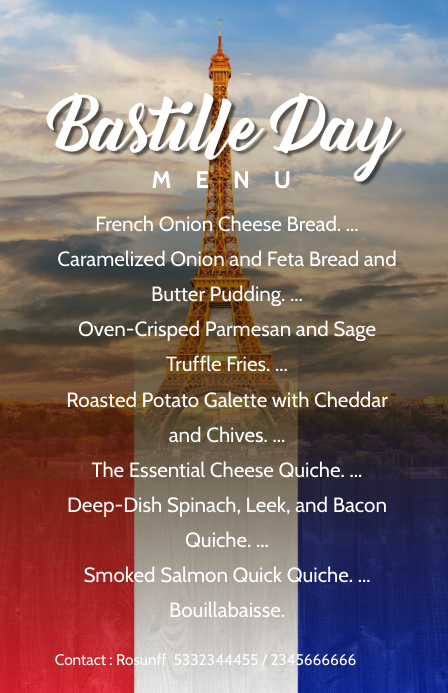 Bastille day menu card Tabloid template