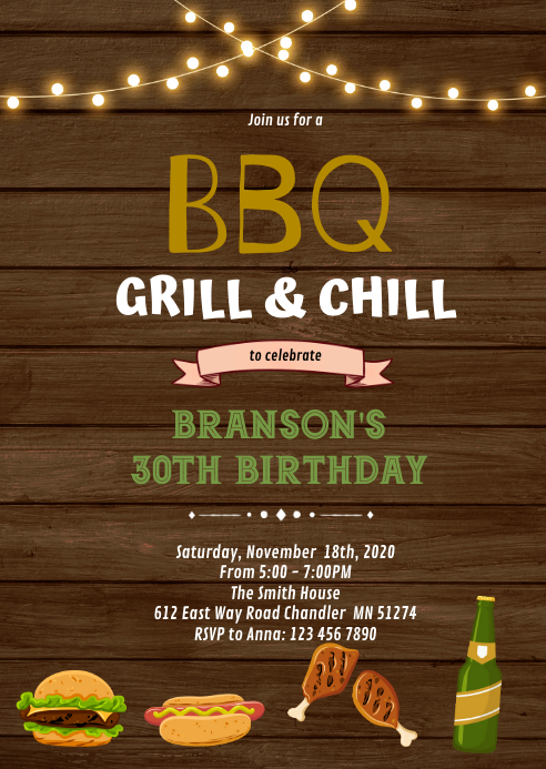 BBQ grill chill birthday Invitation A6 template