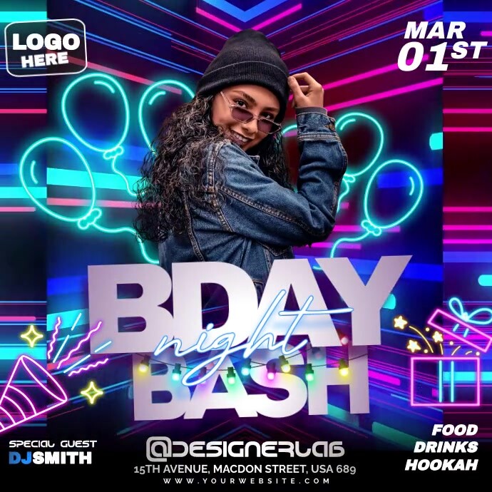 Bday Bash Neon Post Instagram template