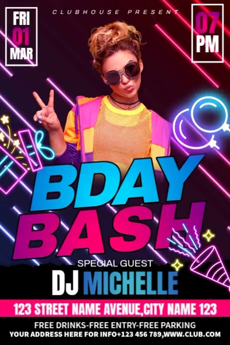 Bday Bash Neon Poster template