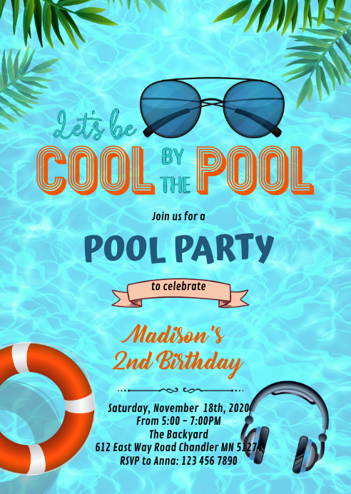 Be cool by the pool Party invitation A6 template