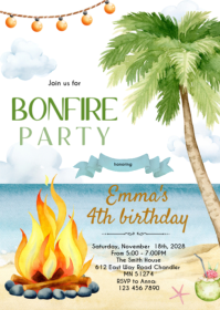 Beach bonfire party theme invitation A6 template