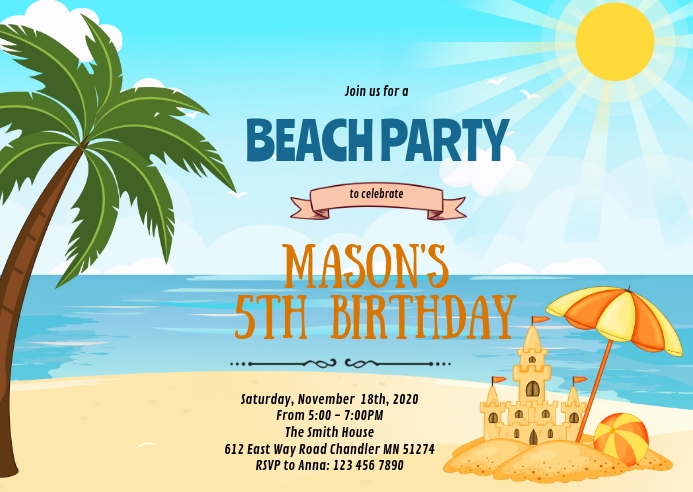 Beach sand castle birthday invitation A6 template