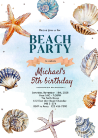 Beach Seashells Party Invite A6 template