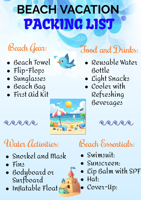 Beach vacation Packing list A5 template