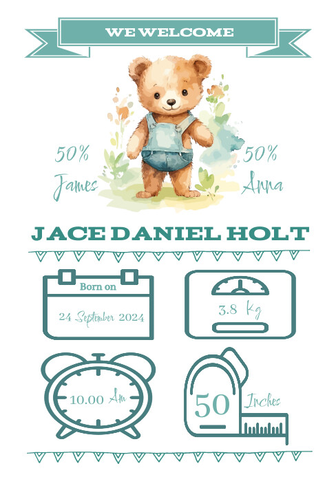 Bear baby announcement card A5 template