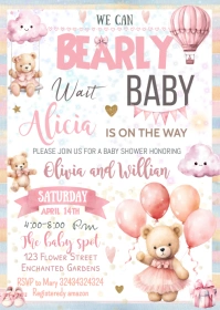 Bear Baby Shower Invitation Girl A6 template