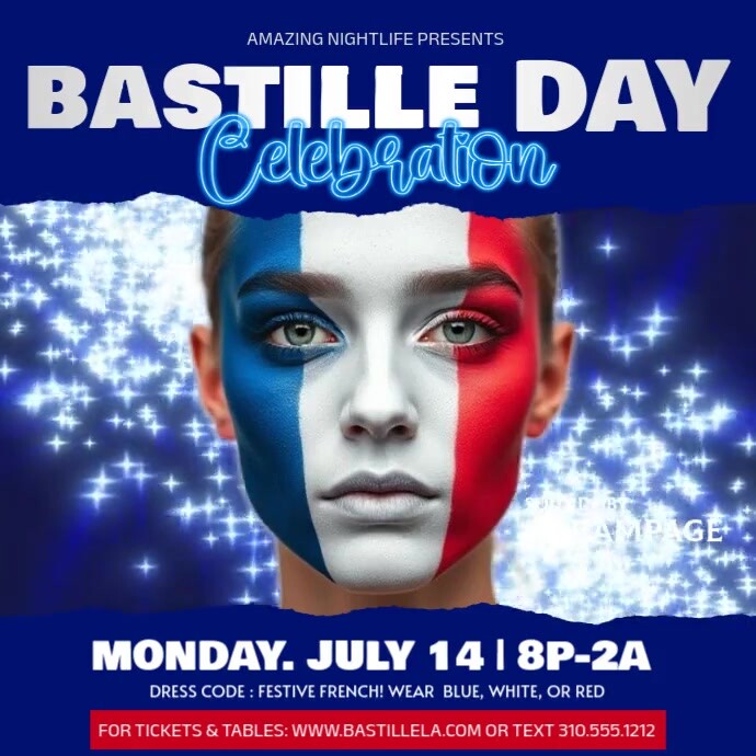 Beautiful Girl With French Flag Paint Bastille Day Flyer Template Instagram Post