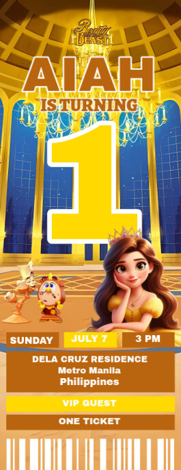 beauty and the beast Birthday Party Ticket invitation 门挂 template