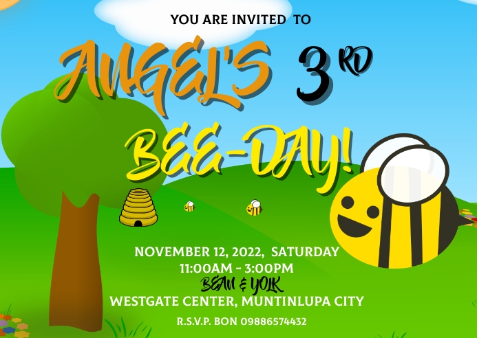 Bee themed Birthday Invite Postcard template