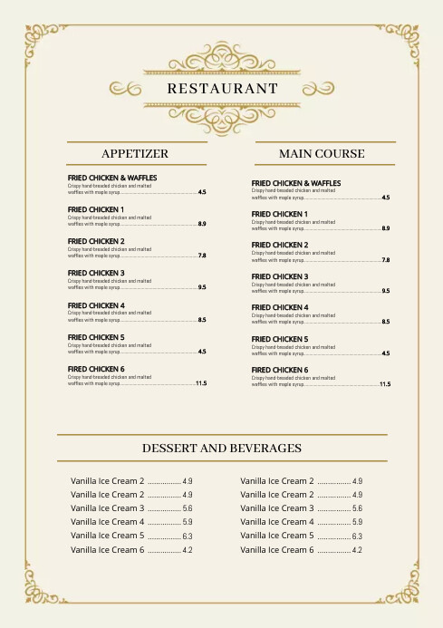 Beige Menu Layout Beige and Gold Vintage Restaurant Menu Template | PosterMyWall