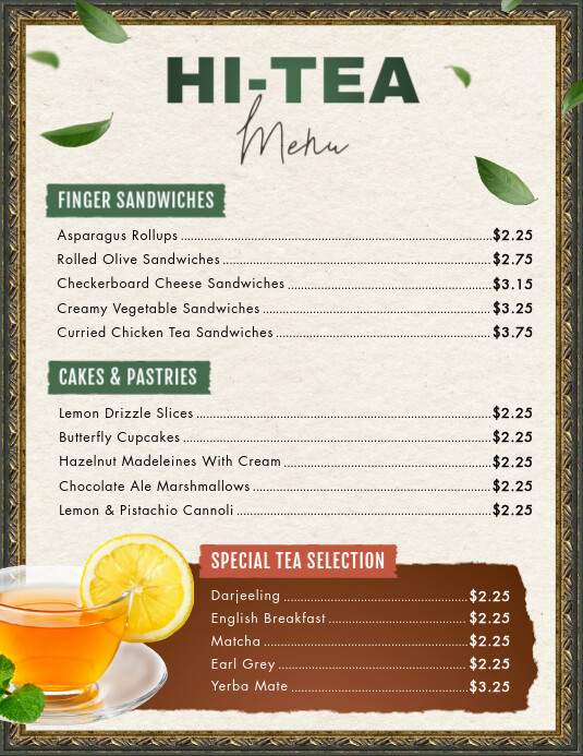 Beige Hi-tea Menu Flyer Template | PosterMyWall