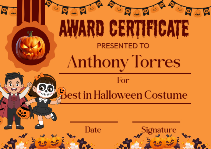 Copy of Best in Halloween Costume Certificate | PosterMyWall