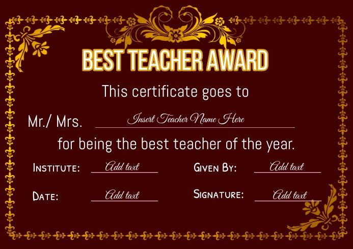 best teacher award, best teacher certificate A4 template