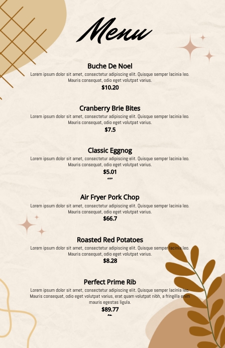 BIEGE AESTHETIC MENU Template | PosterMyWall