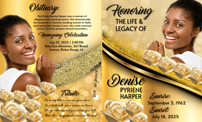 Bifold 2 pages Gold Funeral Program, Obituary Program for Women Men, Memorial Program, Celebration O US Legal template