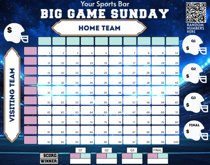 Big Game Sunday Football Squares Pool Template – Editable Grid for Sports Bars Poster/Wallboard