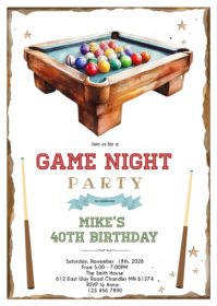 Billiards Pool Table party Invitation A6 template