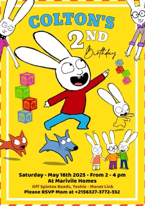 Plantilla de Birthday, Simon The Rabbit Birthday Invitation | PosterMyWall