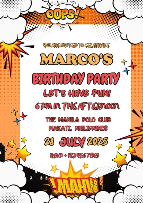 Birthday Bash Invitation - Comic Book Style A4 template