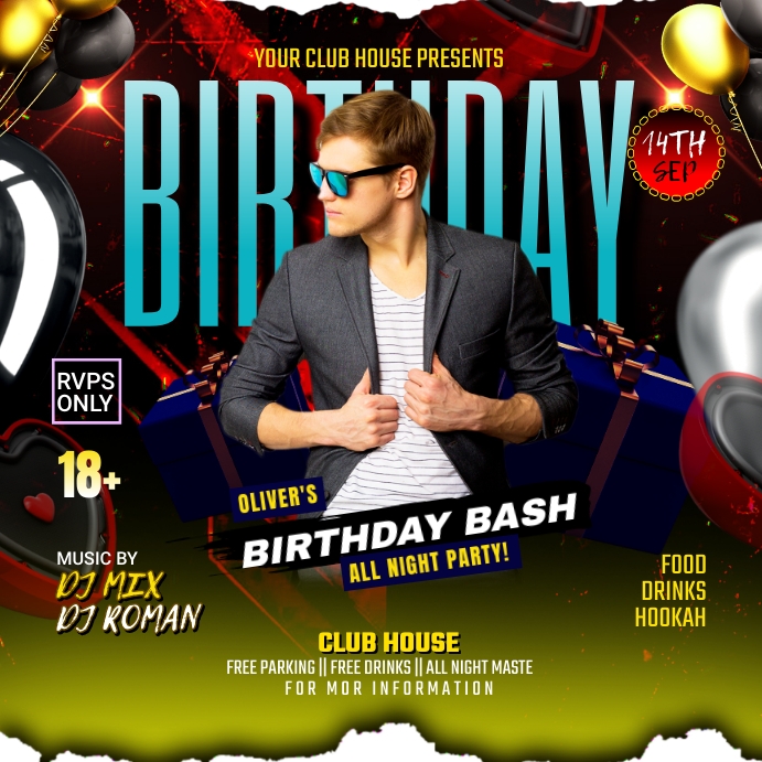 birthday bash party flyer โพสต์บน Instagram template